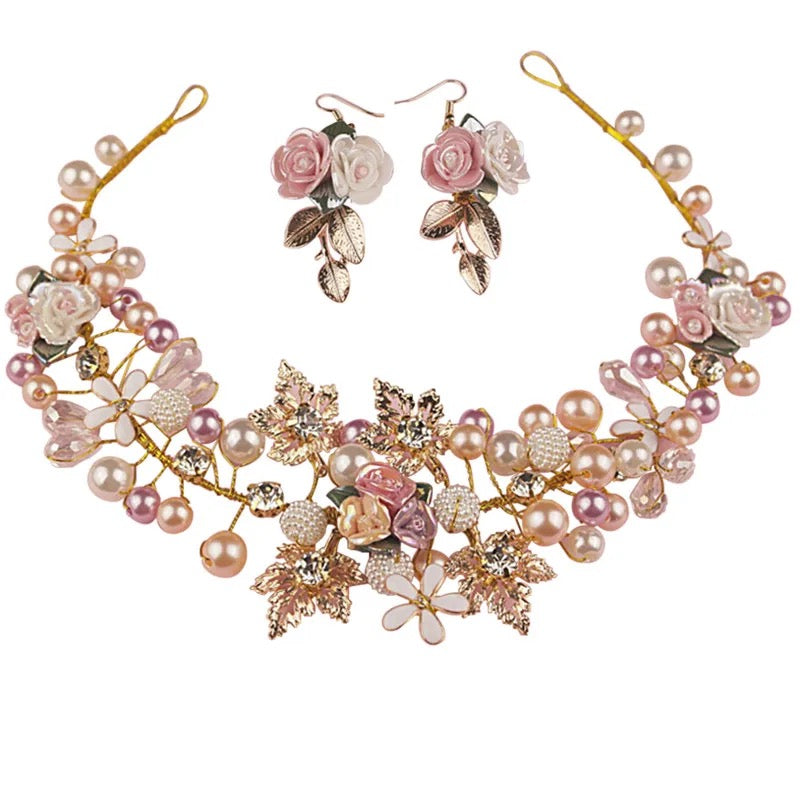 Prinnie Handmade Pink and Gold Pearl and Flower Crown and Earring Set