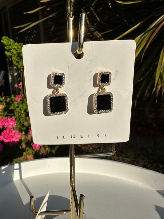 Black Square Diamante Stud drop Earring