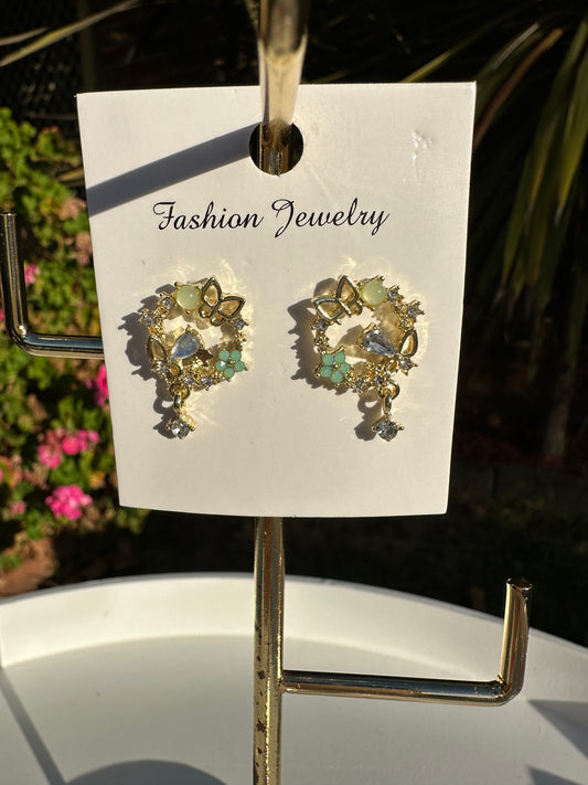 Green Diamante and Butterfly Circle Drop Earrings