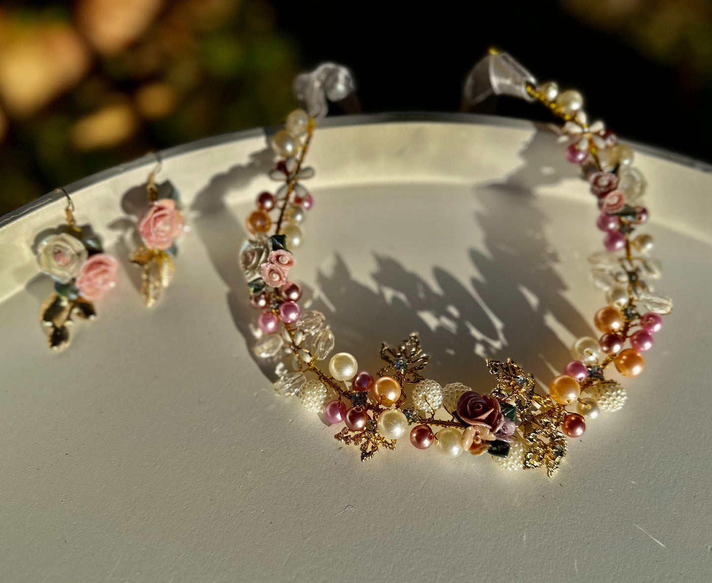 Prinnie Handmade Pink and Gold Pearl and Flower Crown and Earring Set