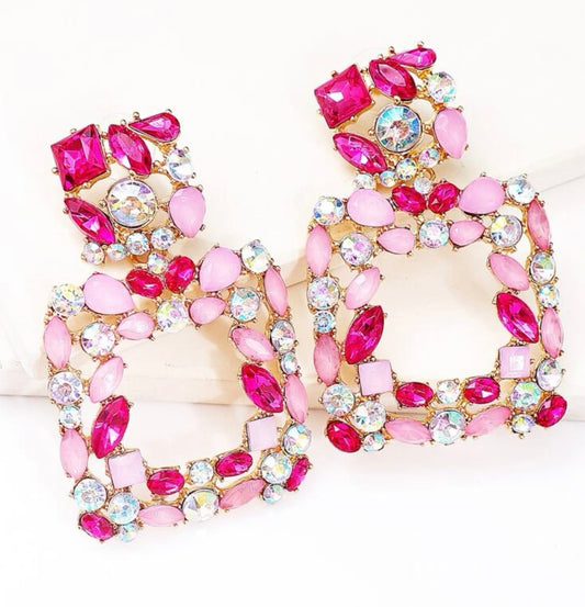 Pink Rhinestone Geometric Earrings