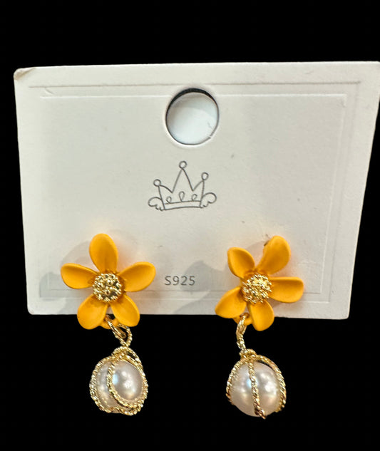 Yellow Flower and Pearl Drop Earrings